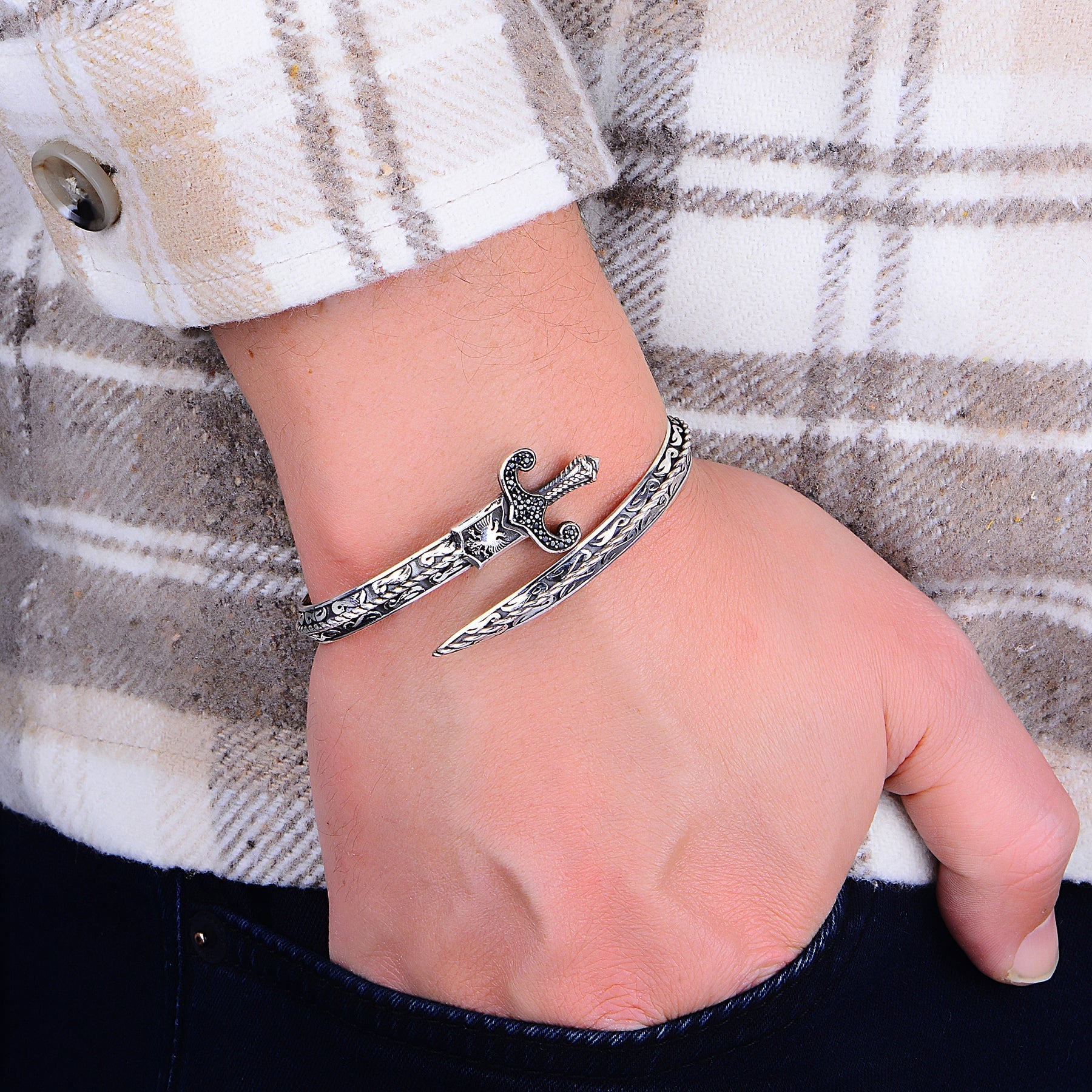 Silver Black Stone Sword Bracelet